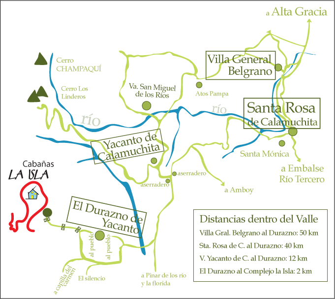 croquis de ubicación de Cabañas La Isla en El Durazno de Calamuchita